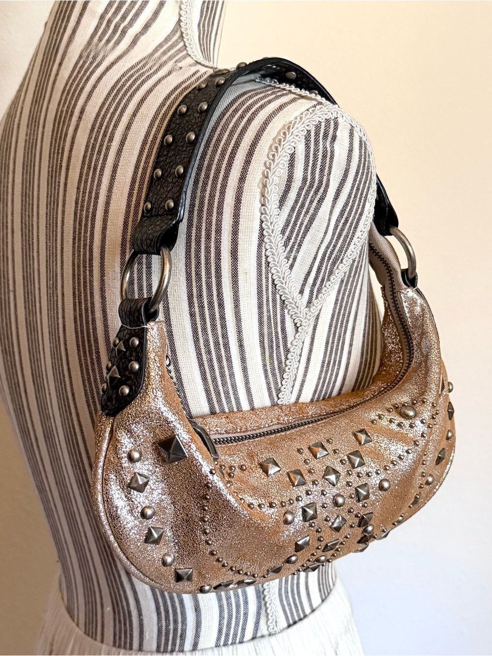 Vintage Y2K Betsey Johnson Metallic Studded Baguette Shoulder Bag Rare
